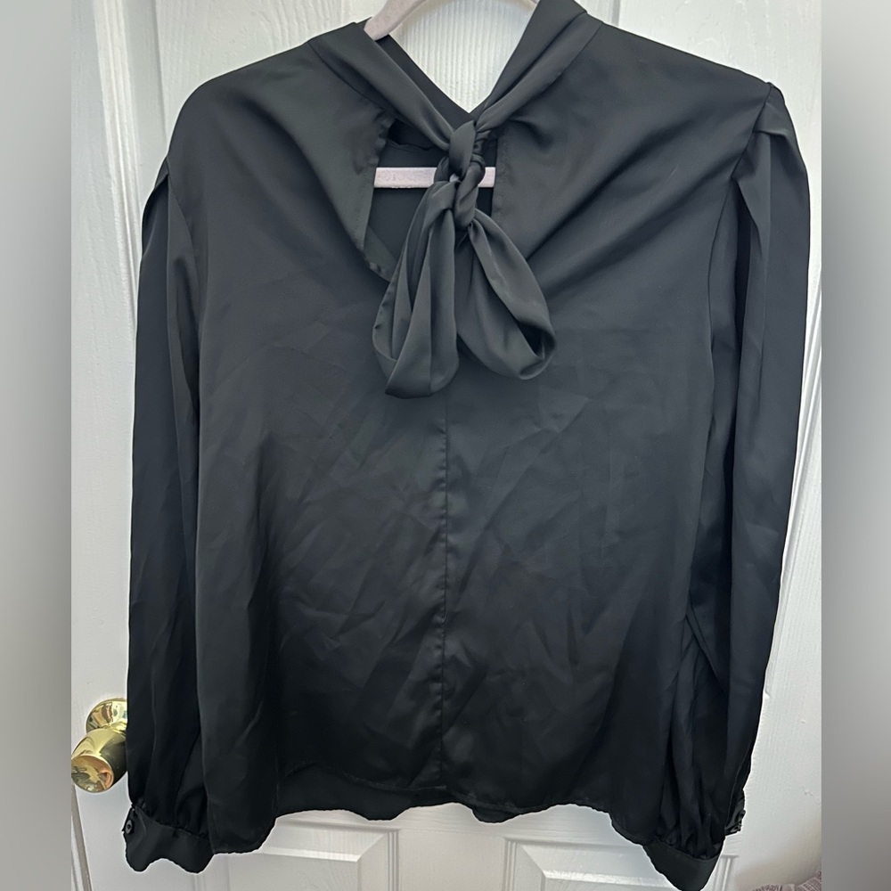Chic Black Tie-Neck Blouse – Elegant & Stylish